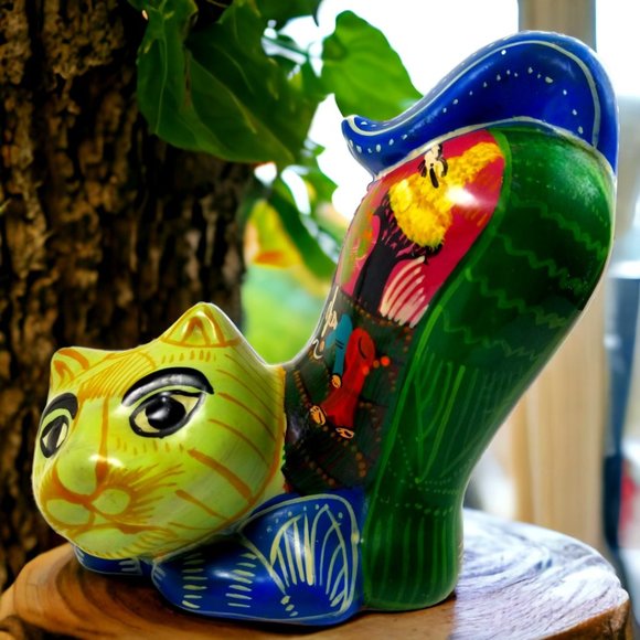 unknow Other - Ceramic Cat Figurine Colorful Red Clay Folk Art Hand Painted Cat Scenic Village